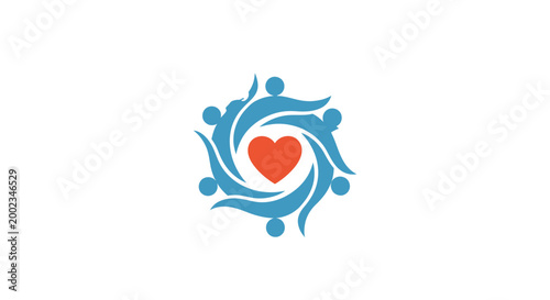 A group of people around a heart.