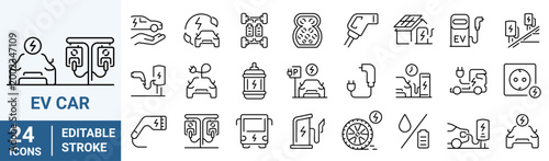 Set of 24 outline icons related to Ev Car. Electric vehicle or transport. Linear icon collection. Editable stroke. Vector illustration