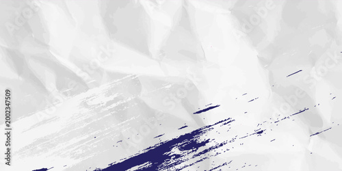Abstract white crumpled paper texture background with navy blue brush strokes. Artistic minimalist vector illustration for creative posters, social media backdrops, and modern web design