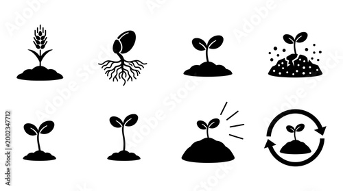 Set of Black Silhouette Icons Showing Seedling Growth Stages and Agriculture Development Symbols