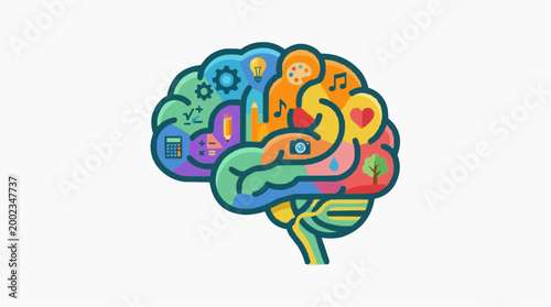 An illustrative representation of the human brain, showcasing creativity, intelligence and imagination. This image visually expresses various mental functions and abilities.
