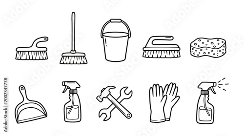 Set of Hand Drawn Cleaning and Housework Icons with Tools and Equipment for Home Maintenance