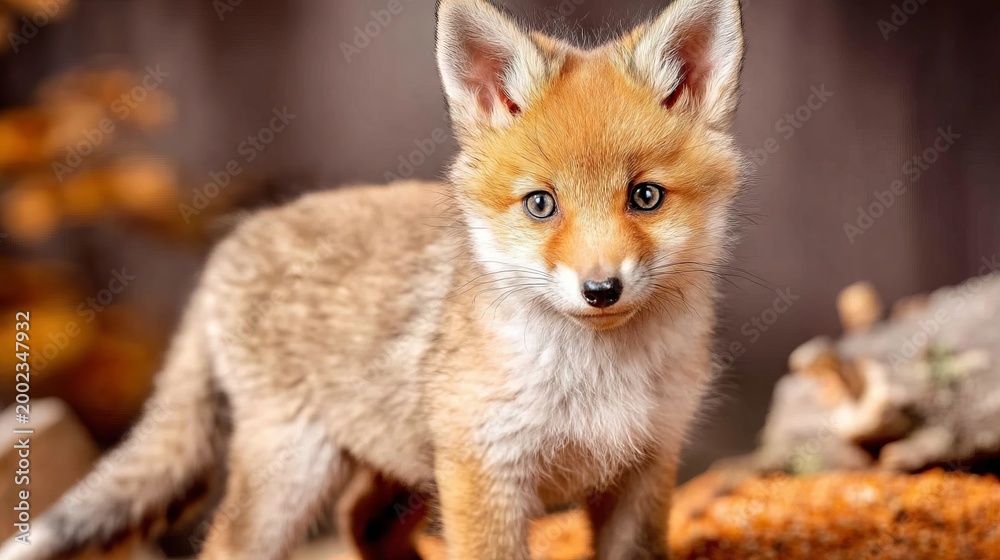 Fototapeta premium Cute Fox Standing on Surface Covered with Rust Colored Leaves and Debris
