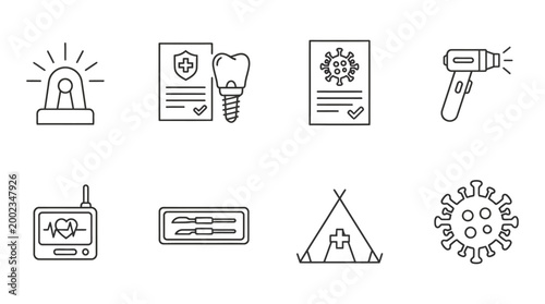 Set of Medical and Dental Hand Drawn Line Icons Representing Healthcare Services and Safety