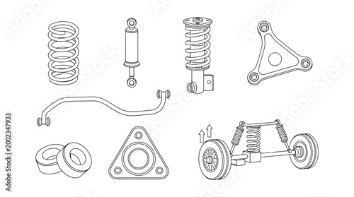 Automotive Suspension System Components Engineering Diagram and Mechanical Parts Schematic Set