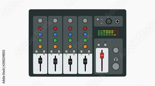 The digital sound mixer, a crucial tool for audio professionals, is displayed with precision. Every button and slider is in the frame, highlighting its intricate functions.