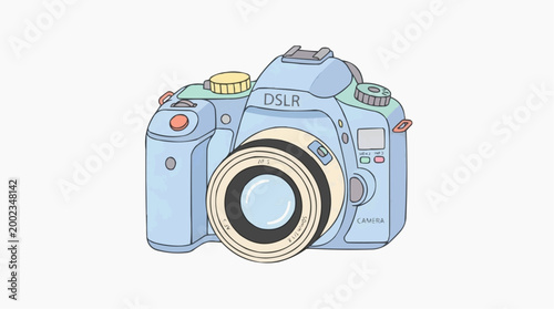 A digital single-lens reflex (DSLR) camera in a light blue hue, rendered with clean lines and simple details. Depicting a timeless icon for photography.