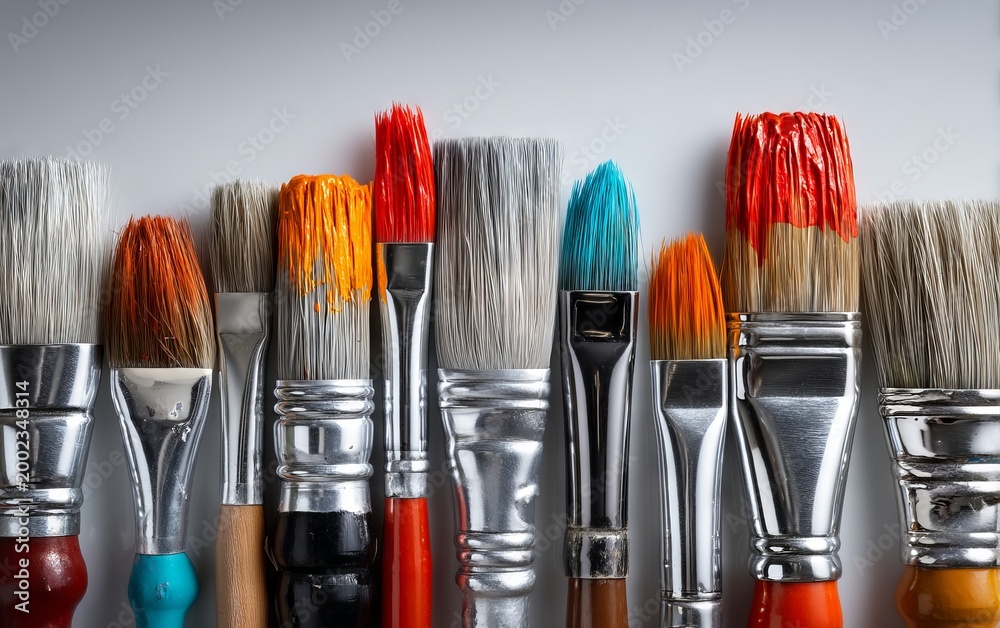 Fototapeta premium Assorted Paintbrushes in Various Colors with Dried Pigment Residue