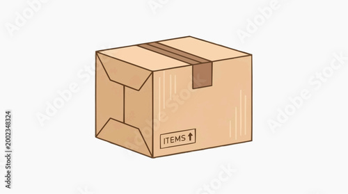 An illustrated cardboard box with a simple design, highlighting its functionality as a means of packaging, storage, and transport.