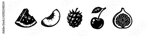 Hand-Drawn Fruit Icons Collection - Minimalist Black and White Vector Illustrations of Watermelon, Peach, Raspberry, Cherry, and Fig in Linocut Woodcut Style