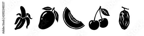 Set of Minimalist Black Fruit Silhouette Icons Including Banana, Mango, Melon Slice, Cherries, and Date Fruit Isolated on a White Background