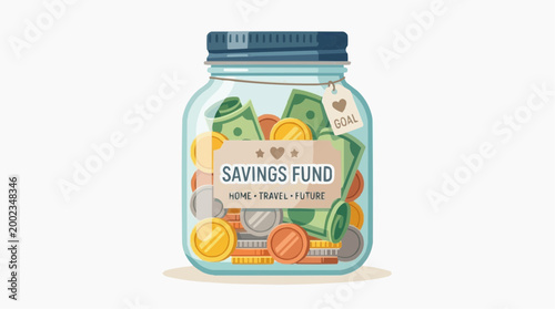 An illustration of a clear glass jar, filled with coins and cash, and labeled Savings Fund, emphasizing concepts of financial planning.