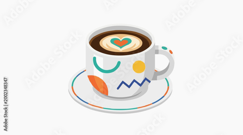 A delightful coffee art. A cappuccino cup of coffee art with a heart shape and a saucer, ideal for cafe, coffee shop, or coffee-related projects.