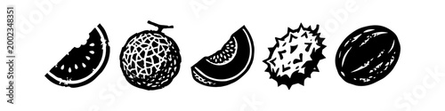 Black and White Minimalist Fruit Illustration Set Including Watermelon Slices, Whole Cantaloupe, Muskmelon, and Kiwano Horned Melon in a Linocut Block Print Graphic Style