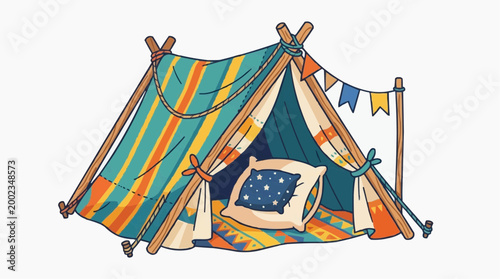 Cozy camping tent setup, showcasing comfort and design. Emphasizing the feeling of outdoors and leisure. 