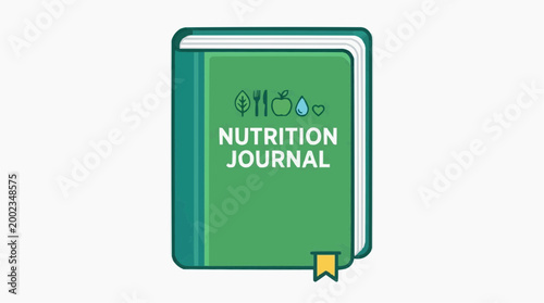 A vibrant journal sits, filled with pages. On the cover boldly proclaims the words Nutrition Journal, serving as a beacon for those looking to write about their dietary needs.