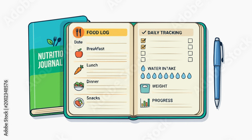 A nutrition journal, a personal guide to health and wellness, lies open to a diary-style record. A pen rests beside, ready to capture mindful eating habits.