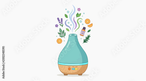 An aesthetically pleasing, modern essential oil diffuser, artfully depicted to illustrate aromatherapy, wellness, and a sensory experience. Evoking tranquility and natural well-being.