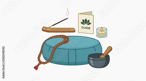 An inviting array of meditation essentials, artfully arranged to inspire a sense of calm and spiritual practice. The objects of serenity is designed to guide you.