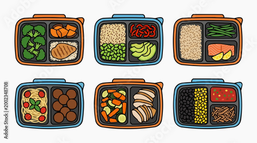 An artistic composition of varied, nutritionally-balanced prepped meals displayed in visually appealing containers. A colorful, top-down view for healthy eating inspiration.
