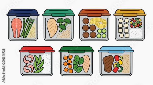 Seven containers, each a vibrant testament to healthy meal prepping, brimming with an array of nutritious, delicious food that is a visual feast, offering a snapshot of balanced sustenance.