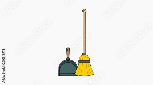 A clean image featuring a broom and a dustpan is standing next to each other. Emphasizing tidiness and simplicity.