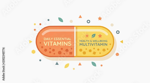 An artistic illustration of a capsule, symbolizing daily health and wellness, with 'Daily Essential Vitamins' and 'Health & Wellbeing Multivitamin' text.