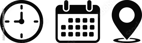 Time date and location icon set, clock calendar and address pin marker symbols for deadlines, meetings,