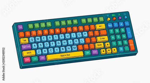 A Colorful keyboard with keys arranged in a standard QWERTY layout. The image focuses on the keys, each vibrantly colored. It is an image to create an appeal of creativity and technology.
