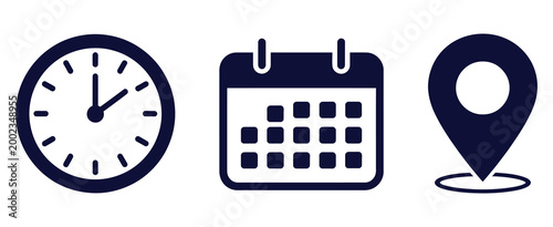 Calendar clock and map pin location icons collection, representing time management, scheduling, business meetings, deadlines