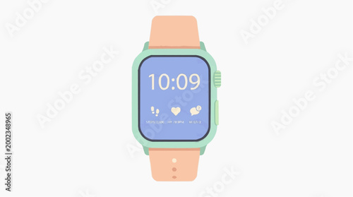 A cutting-edge smartwatch showcases modern design and functionality. It features a digital display with a minimalist interface, indicating the time and health metrics.