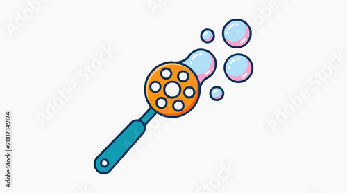 A playful bubble wand gently blows shimmering, iridescent bubbles into the air, creating a whimsical and joyous scene, perfect for illustrating fun and childhood memories.