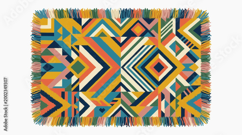 A vibrant and intricately designed rug, a masterpiece of geometric forms and an explosion of color, exuding warmth and artistic flair. 