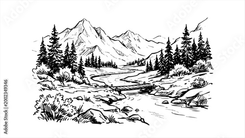Hand Drawn Mountain Landscape Sketch with Winding River and Wooden Bridge, Rustic Nature Scene Ink Illustration for Adventure and Wilderness Themes