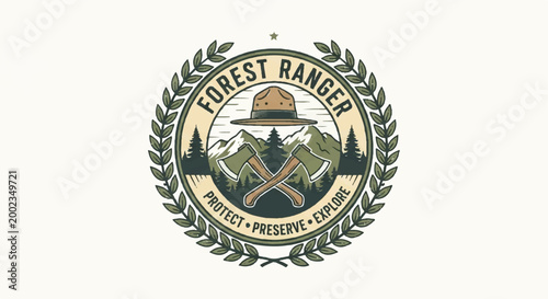 Forest ranger emblem with nature elements vector illustration