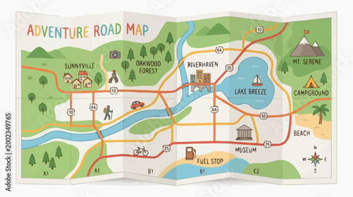 A vibrant and inviting illustrated Adventure Road Map, perfect for planning a scenic journey with a touch of whimsy.