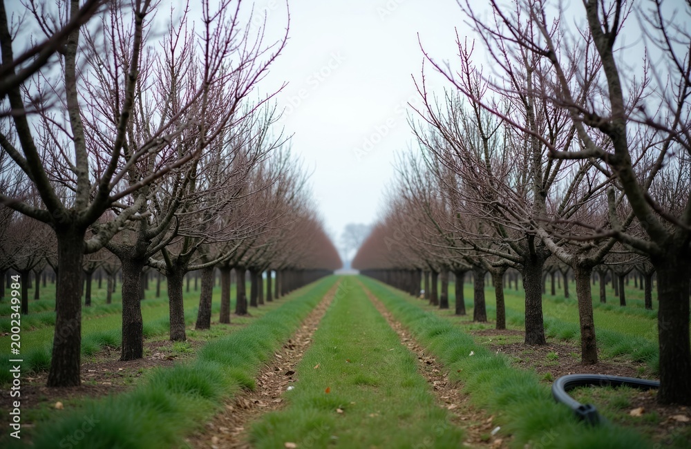 Naklejka premium Orchard with dormant fruit trees in orderly rows. Bare branches form an avenue leading to distance. Green grass lines the path between cultivated plants. Farm land.