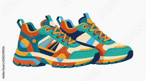 Two vibrant running shoes, a visual representation of energy and movement. These dynamic sneakers burst with color and intricate design, perfect for any runner, athlete, or sports enthusiast.