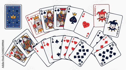 A vibrant assortment of playing cards, fanned out, showcasing various suits and ranks in a dynamic display, ready for a game of chance or skill. 