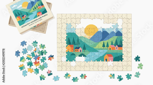 A captivating puzzle, illustrating a serene landscape of rolling hills, tranquil water, and charming cottages. The image evokes a sense of relaxation, problem-solving, and creative activity. 