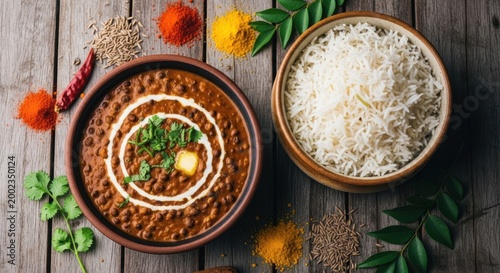 Bowl of delicious indian dal makhani with white rice and fresh spices on a rustic wooden table