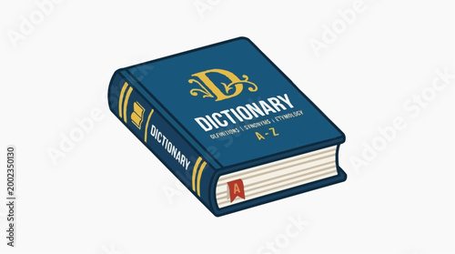 A detailed graphic of a closed, vintage dictionary book, featuring elegant typography and design elements, with a bookmark, epitomizing education and learning.