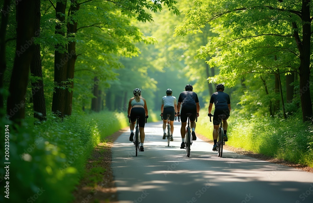 Obraz premium Four cyclists ride on a paved road through a rich green forest on a sunny summer day. People enjoy a recreational bike ride together amongst tall trees and vibrant foliage.