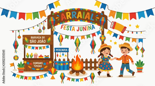 A vibrant and festive illustration of a traditional Brazilian June festival, capturing the essence of 'Festa Junina' with joyful children dancing, colorful decorations, and a bonfire.