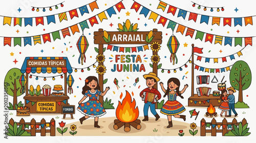 Embracing the vibrant spirit of Festa Junina, a lively illustration capturing the heart of the celebration. Featuring colorful decorations, traditional food stalls, and joyful figures.