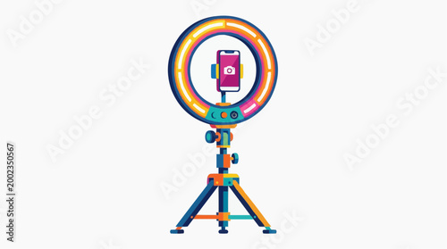 A modern ring light illuminates a mobile phone, ready to record, perfectly positioned on a tripod, in a vibrant and minimalistic artistic illustration.