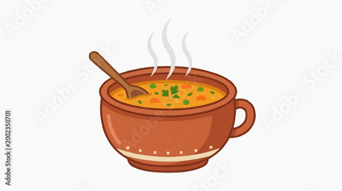 A steaming bowl of hearty soup, with a wooden spoon resting inside, ready to be enjoyed, evokes feelings of warmth, comfort, and deliciousness.