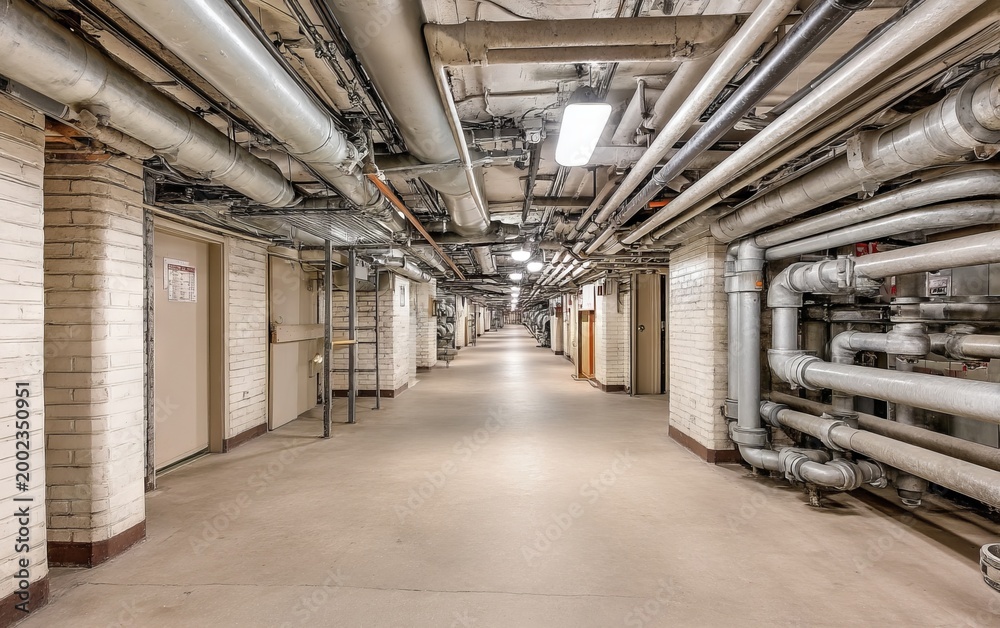 Fototapeta premium Subway Maintenance Corridor with Exposed Pipes and Industrial Elements