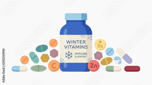 Vibrant and eye-catching arrangement of winter vitamins and supplements, featuring a central bottle and colorful tablets, designed to boost immunity and promote wellness.