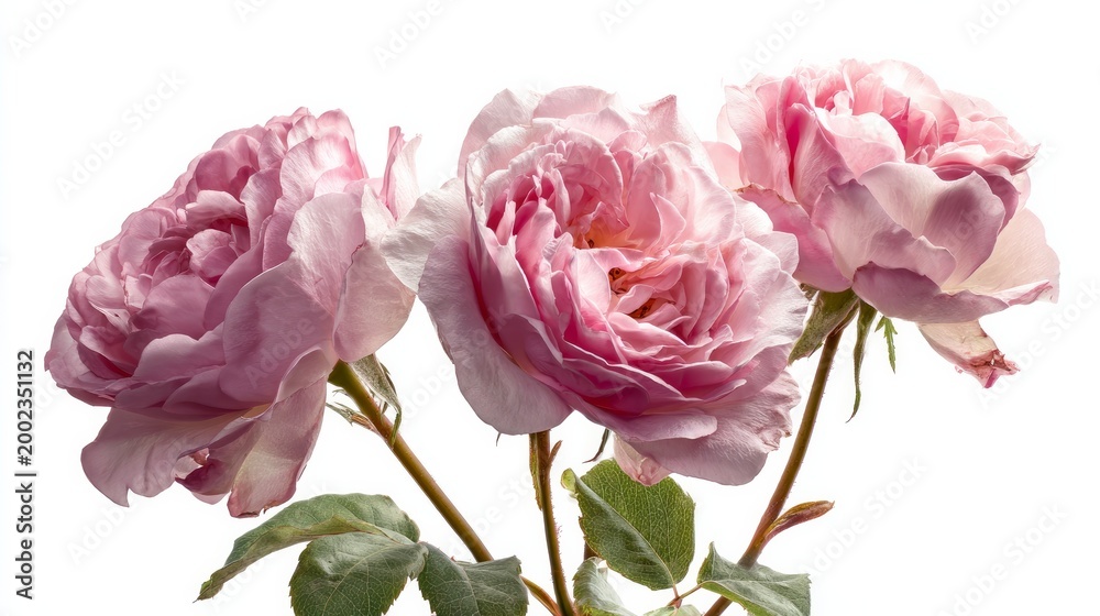 Obraz premium Pink roses bloom against a white backdrop.